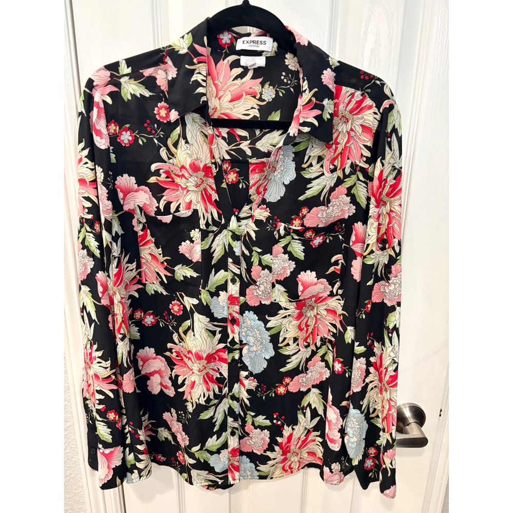 Express Portofino Shirt Black Floral Slim Fit Long Sleeve Button Up Blouse XL